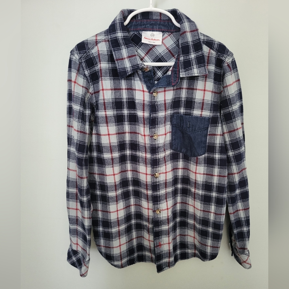Hanna Andersson Button Down Flannel Plaid Shirt Size 130 8‎ Blue Red